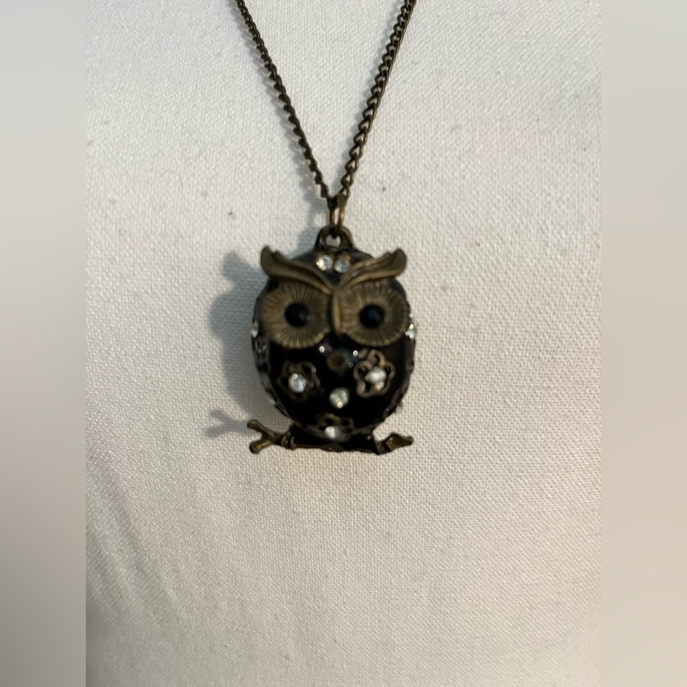 Black‎ Owl On A Branch Pendant Necklace With Rhinestones 14”